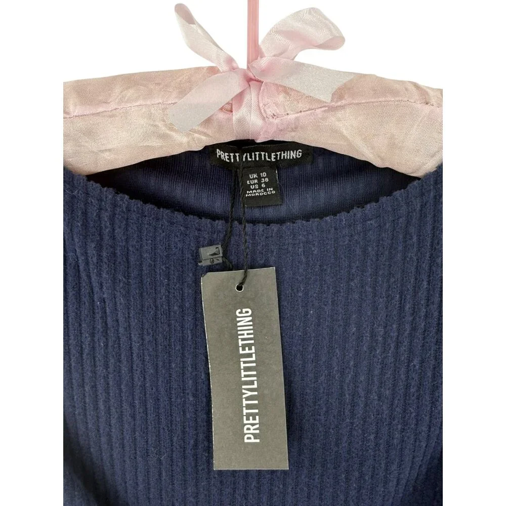 NWT PrettyLittleThing Navy Brushed Rib Asymmetric Ruffle Mini Dress Skater Style - Picture 12 of 16